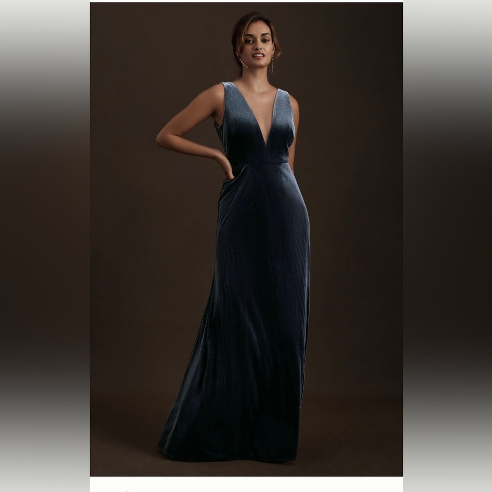 Jenny Yoo Logan Velvet Deep V Dress in French Blue